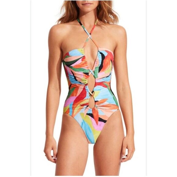 Anthropologie Seafolly One Piece Swimsuit 8  Lace Up Bandeau Tropfest - Picture 10 of 10